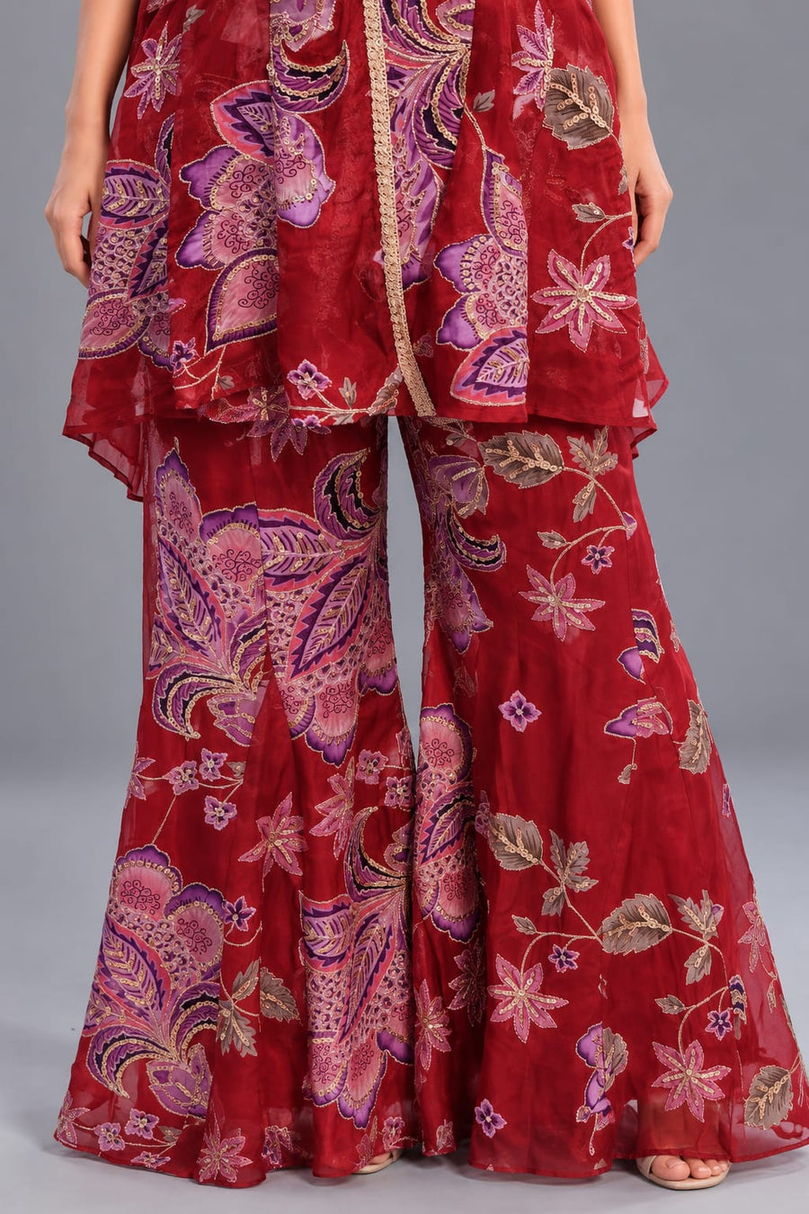 Floral Peplum Sharara Set with Choker Dupatta for Wedding Functions
