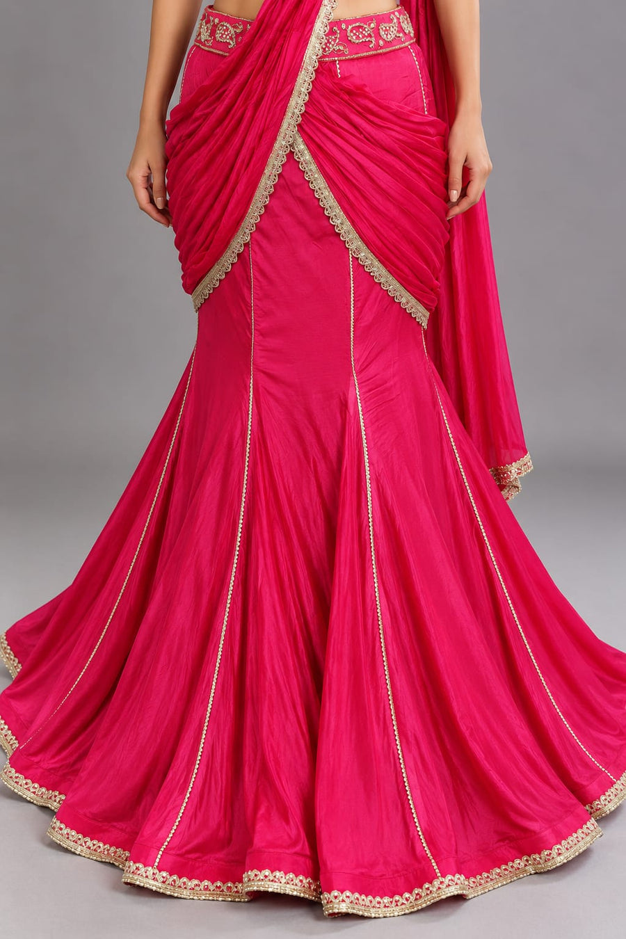 Rani Pink Designer Drape Saree with Embroidered Blouse | Vastrachowk