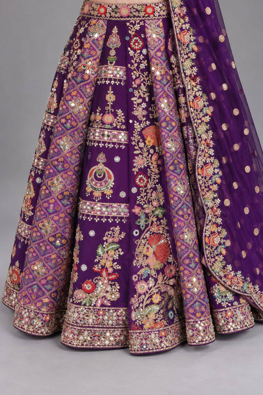 Purple Embroidered Lehenga with Floral Work and Matching Dupatta