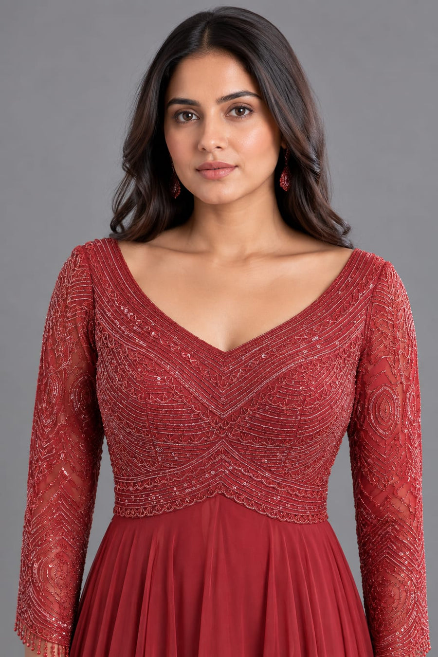 Maroon V-Neck Embroidered Full Sleeve Flared Anarkali for Women