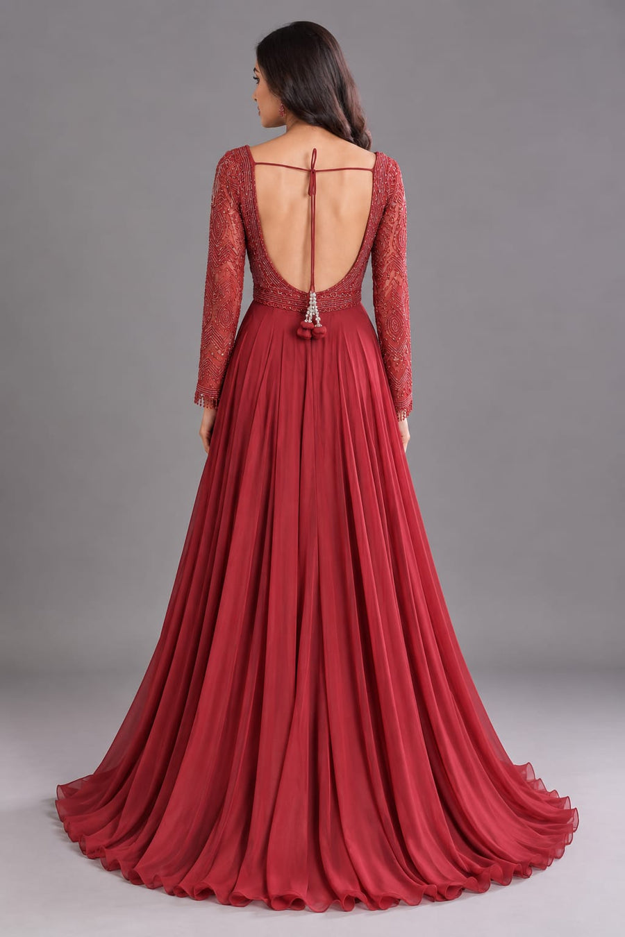 Maroon V-Neck Embroidered Full Sleeve Flared Anarkali for Women