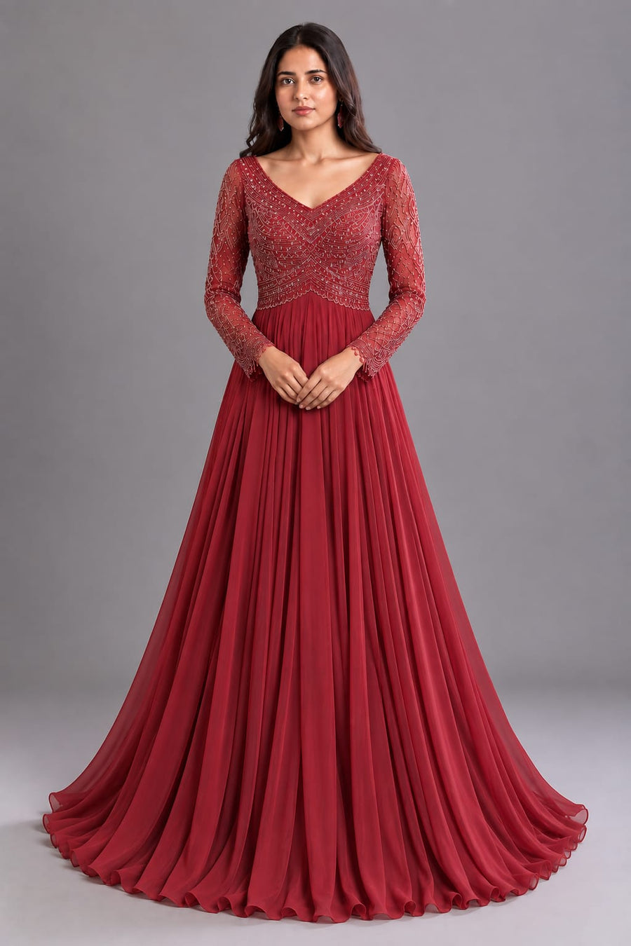 Maroon V-Neck Embroidered Full Sleeve Flared Anarkali for Women