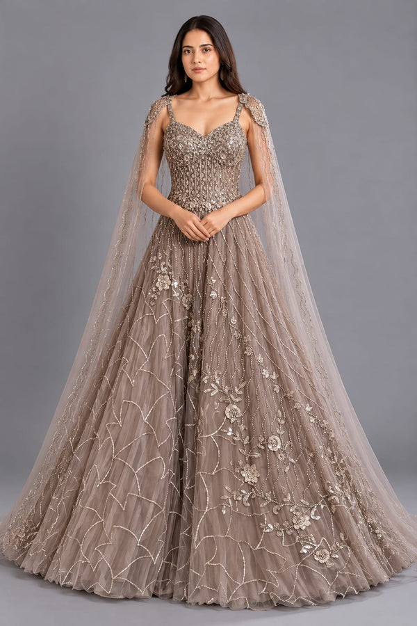 Mocha Taupe Floral Embroidered Gown with Cape Sleeves