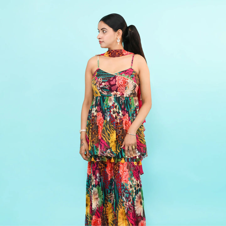 Multi Peplum Sharara with Choker Dupatta
