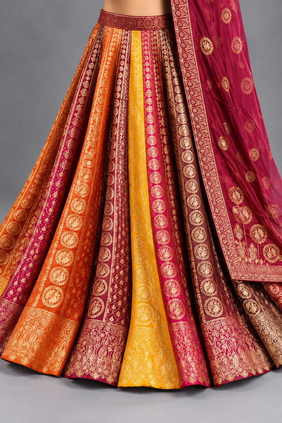 Multicolour Designer Lehenga Choli with Golden Zari Work