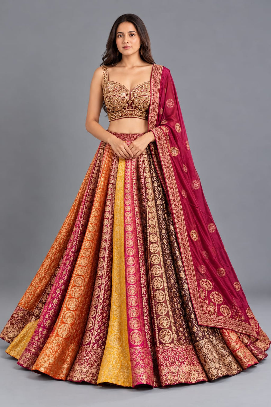 Multicolour Designer Lehenga Choli with Golden Zari Work