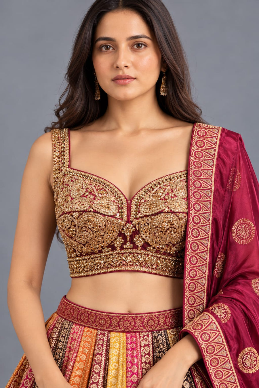 Multicolour Designer Lehenga Choli with Golden Zari Work