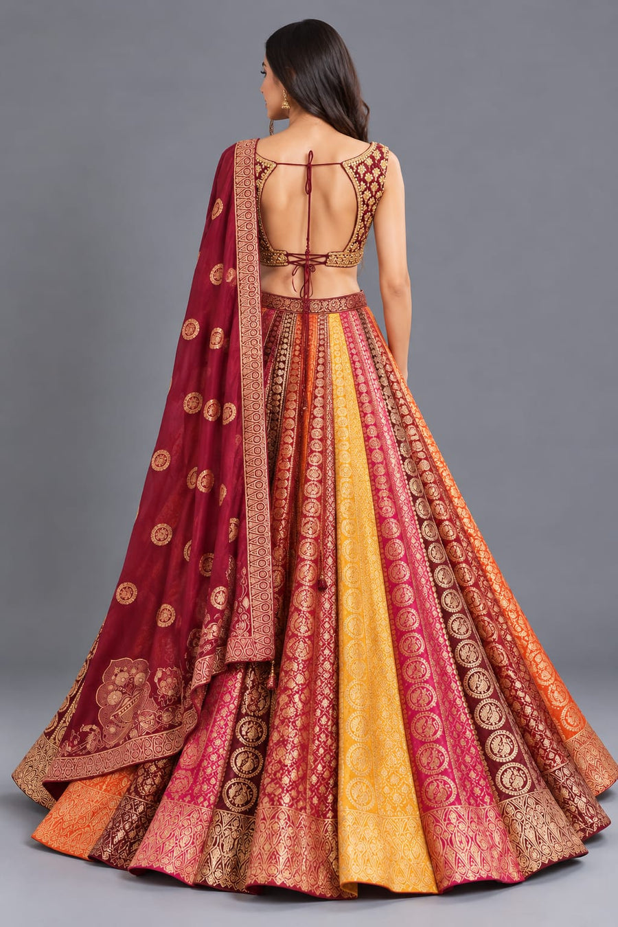 Multicolour Designer Lehenga Choli with Golden Zari Work