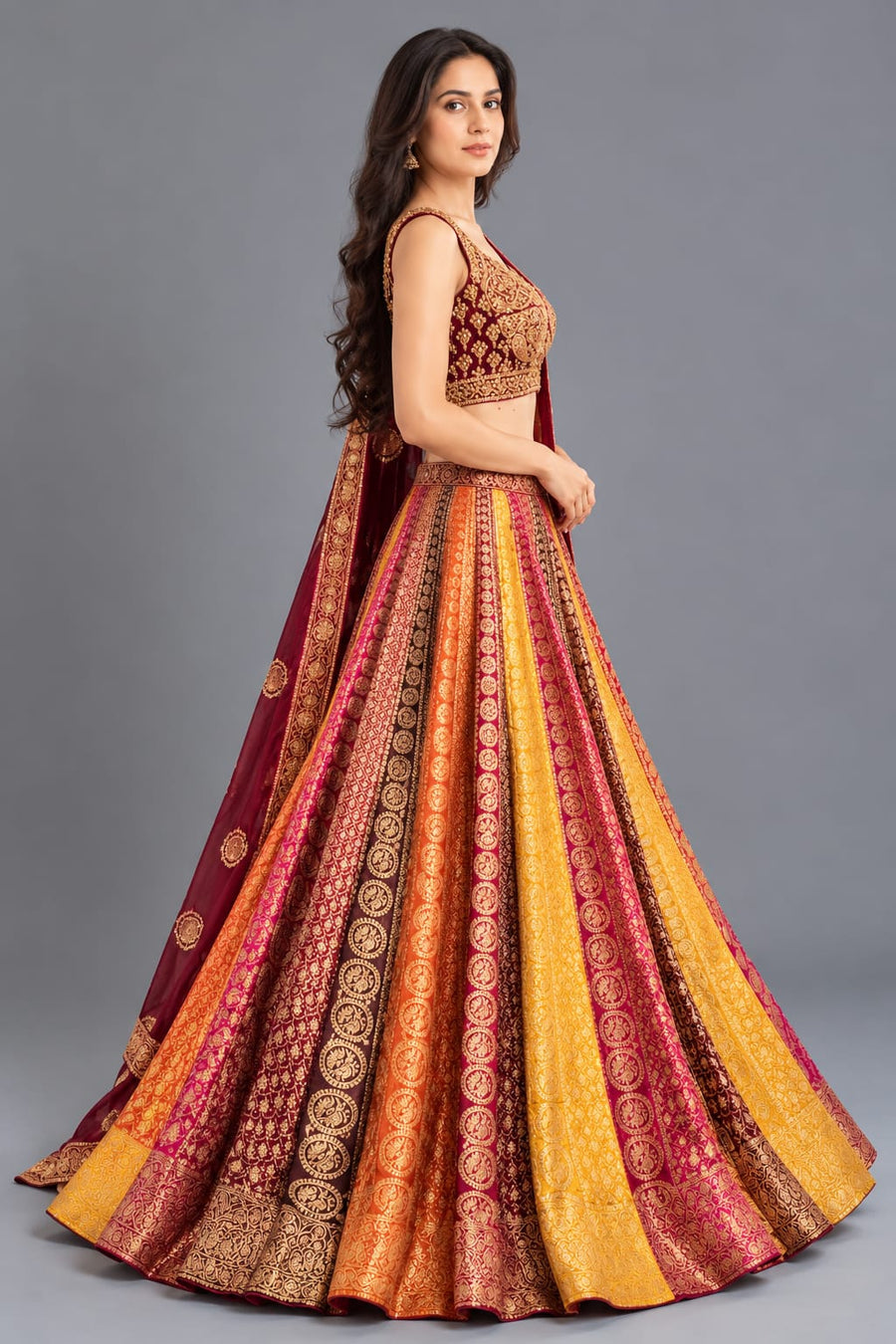 Multicolour Designer Lehenga Choli with Golden Zari Work
