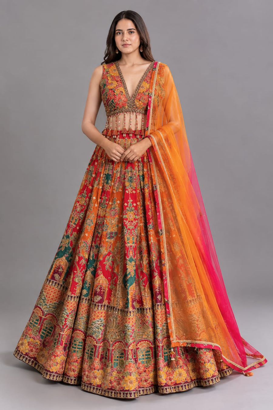 Multicolour Floral Print Lehenga with Tassel Detailing & Orange-Pink Dupatta