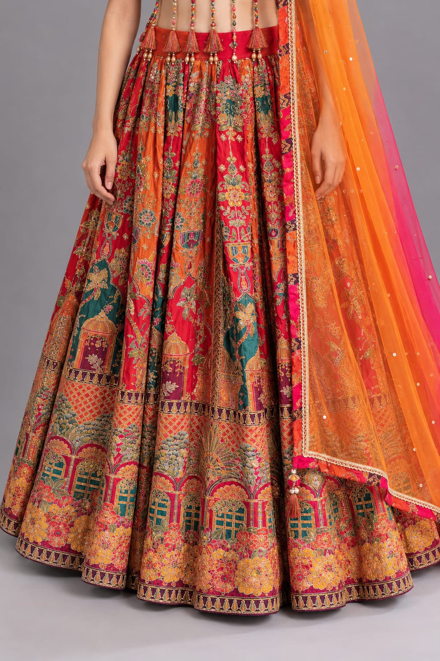 Multicolour Floral Print Lehenga with Tassel Detailing & Orange-Pink Dupatta