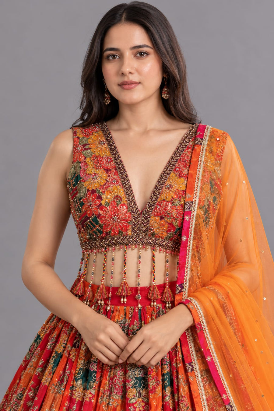 Multicolour Floral Print Lehenga with Tassel Detailing & Orange-Pink Dupatta