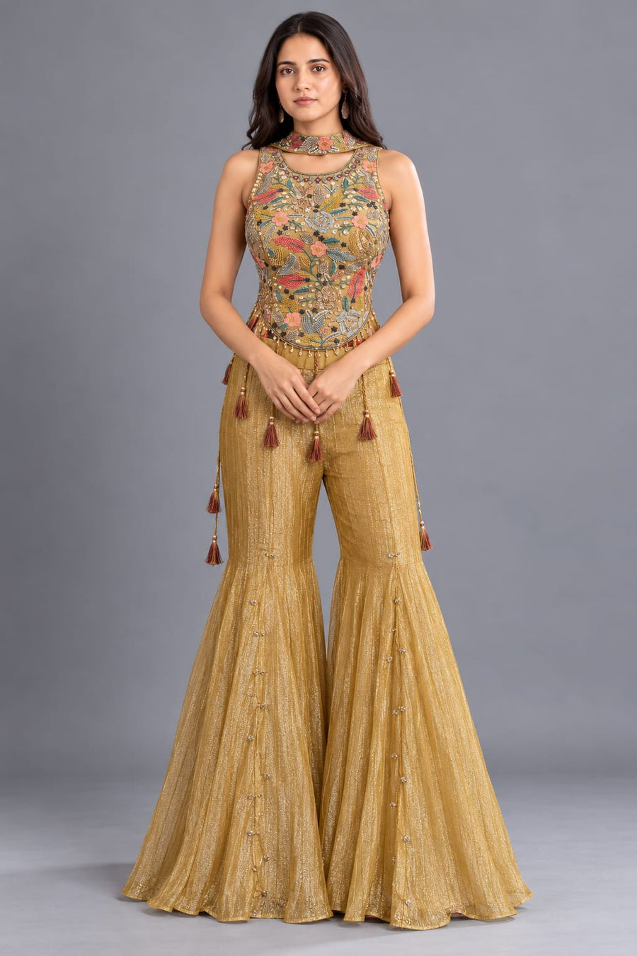 Mustard Gold Embroidered Corset Top with Flared Sharara Pants