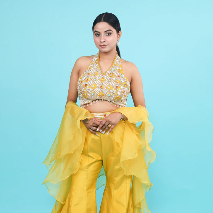 Mustard Halter Neck Crop Top with Sharara