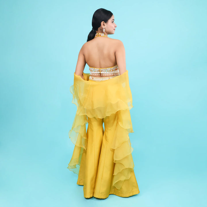 Mustard Halter Neck Crop Top with Sharara Vastrachowk