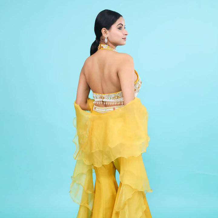 Mustard Halter Neck Crop Top with Sharara Vastrachowk