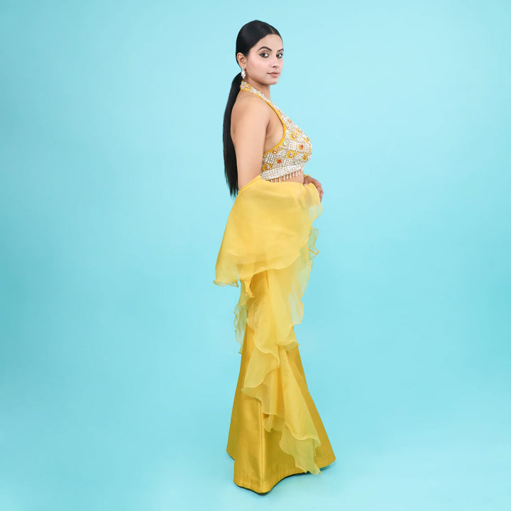 Mustard Halter Neck Crop Top with Sharara Vastrachowk