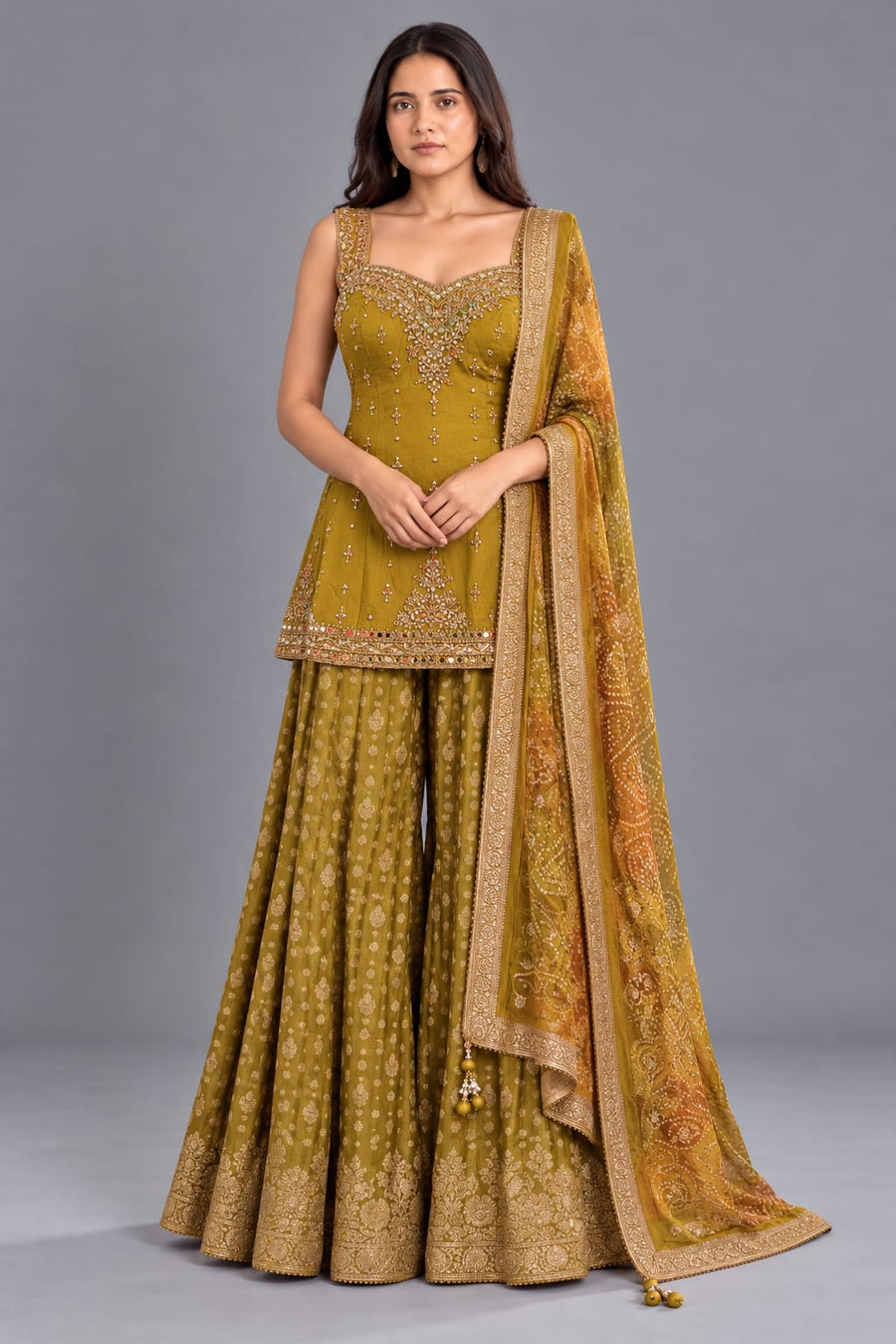 Mustard Yellow Embroidered Sharara Set with Bandhani Dupatta