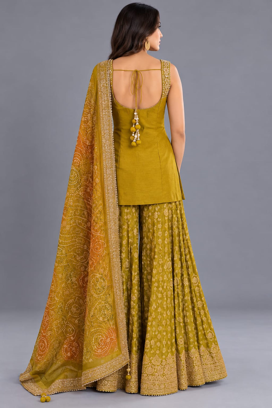 Mustard Yellow Embroidered Sharara Set with Bandhani Dupatta