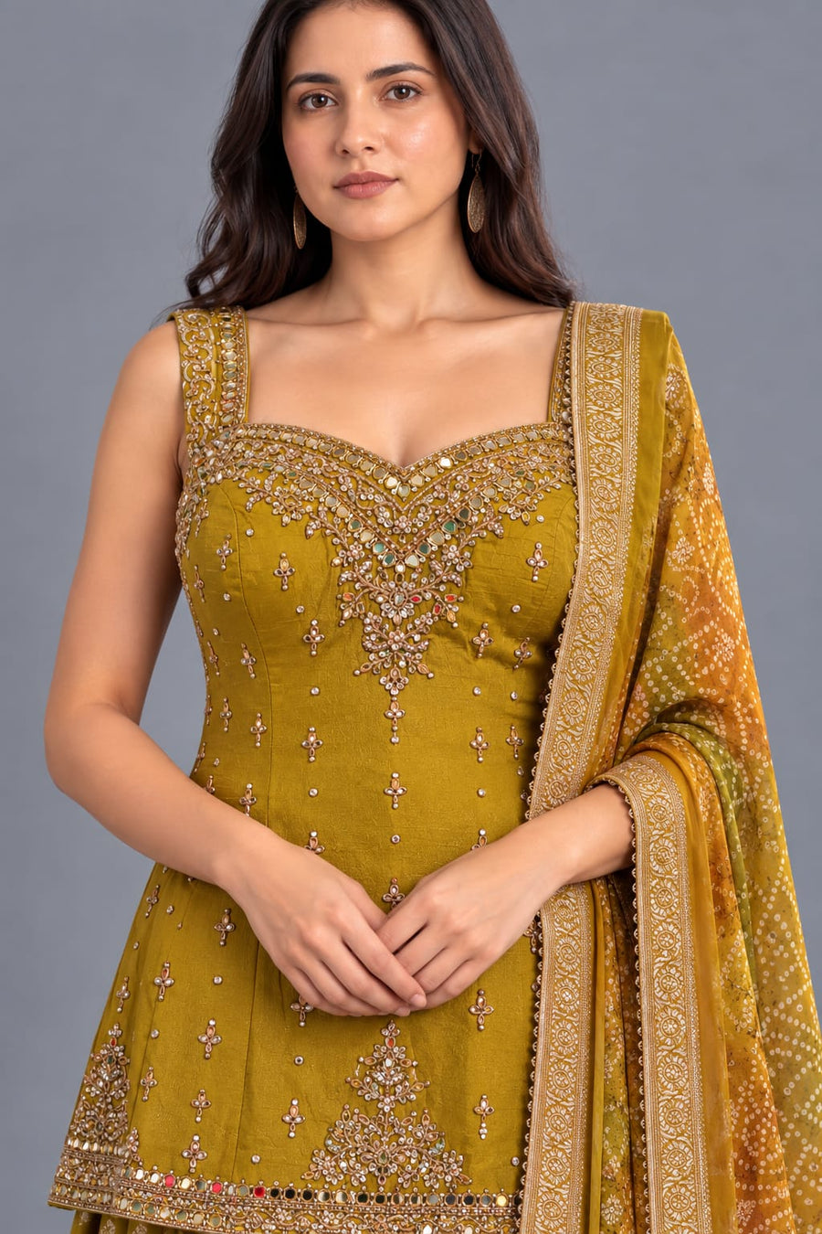 Mustard Yellow Embroidered Sharara Set with Bandhani Dupatta