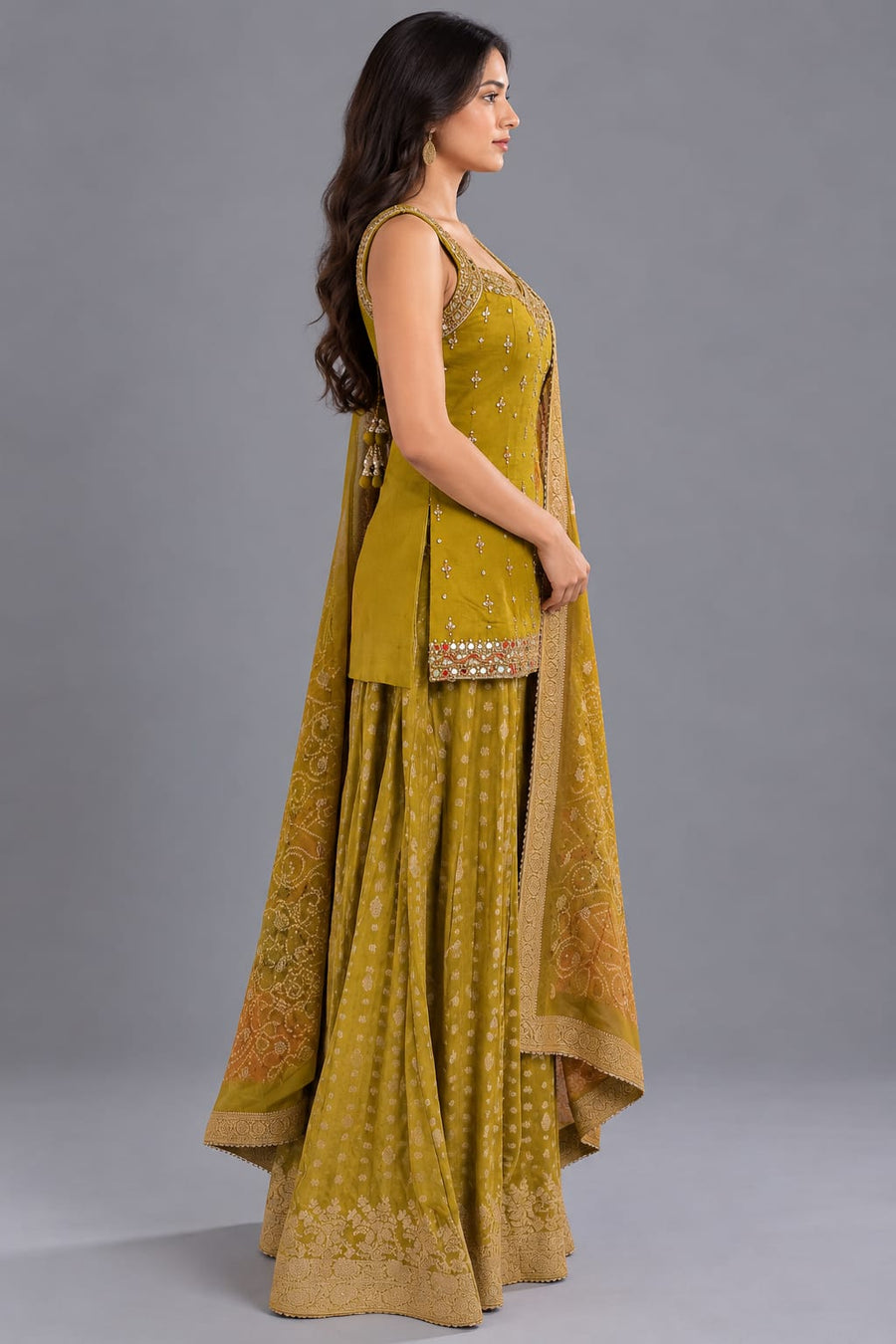 Mustard Yellow Embroidered Sharara Set with Bandhani Dupatta