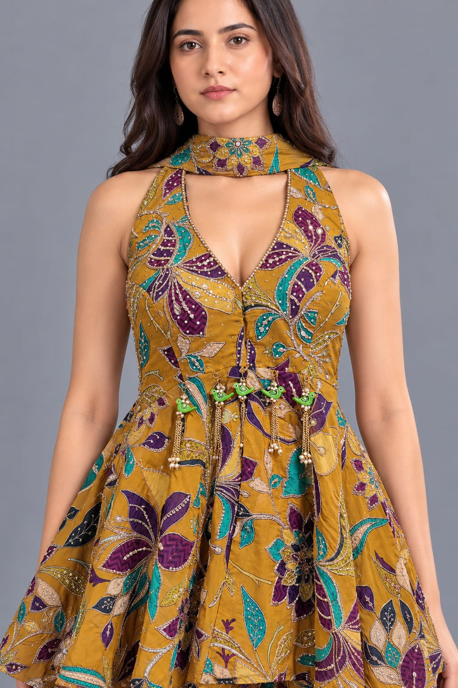 Mustard Yellow Floral Peplum Top with Palazzo Indo Western Set