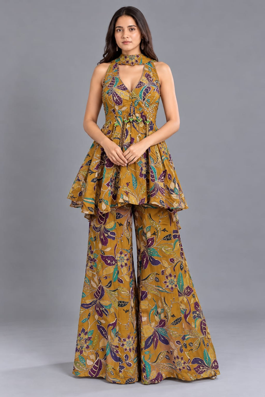 Mustard Yellow Floral Peplum Top with Palazzo Indo Western Set