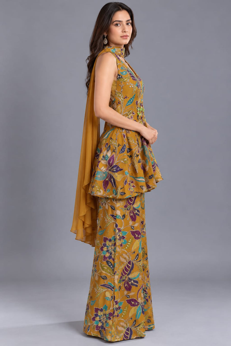 Mustard Yellow Floral Peplum Top with Palazzo Indo Western Set