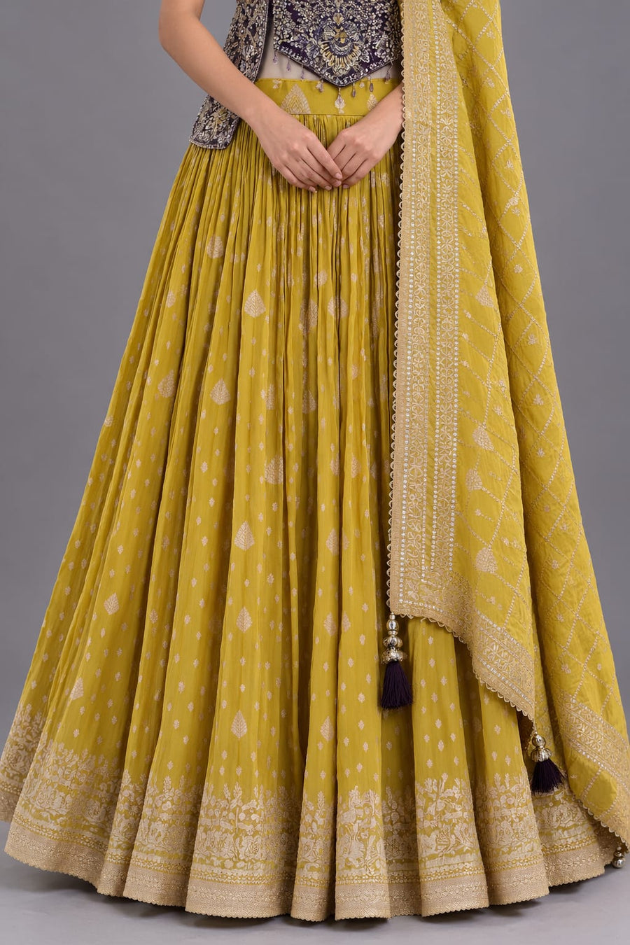Mustard Yellow Lehenga with Purple Embroidered Blouse and Dupatta