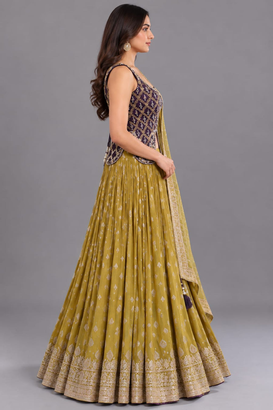 Mustard Yellow Lehenga with Purple Embroidered Blouse and Dupatta