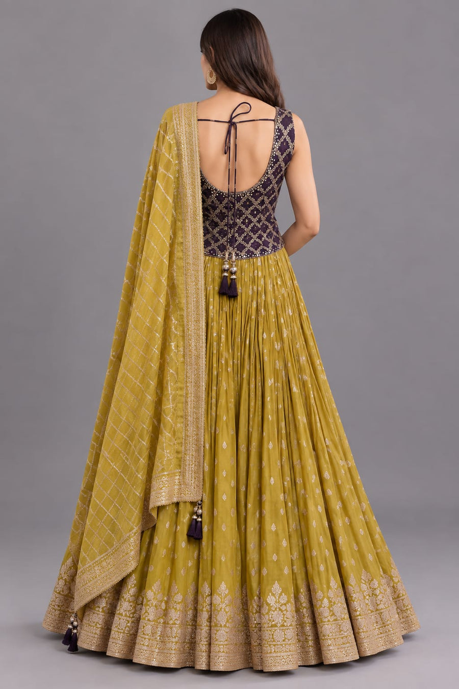 Mustard Yellow Lehenga with Purple Embroidered Blouse and Dupatta