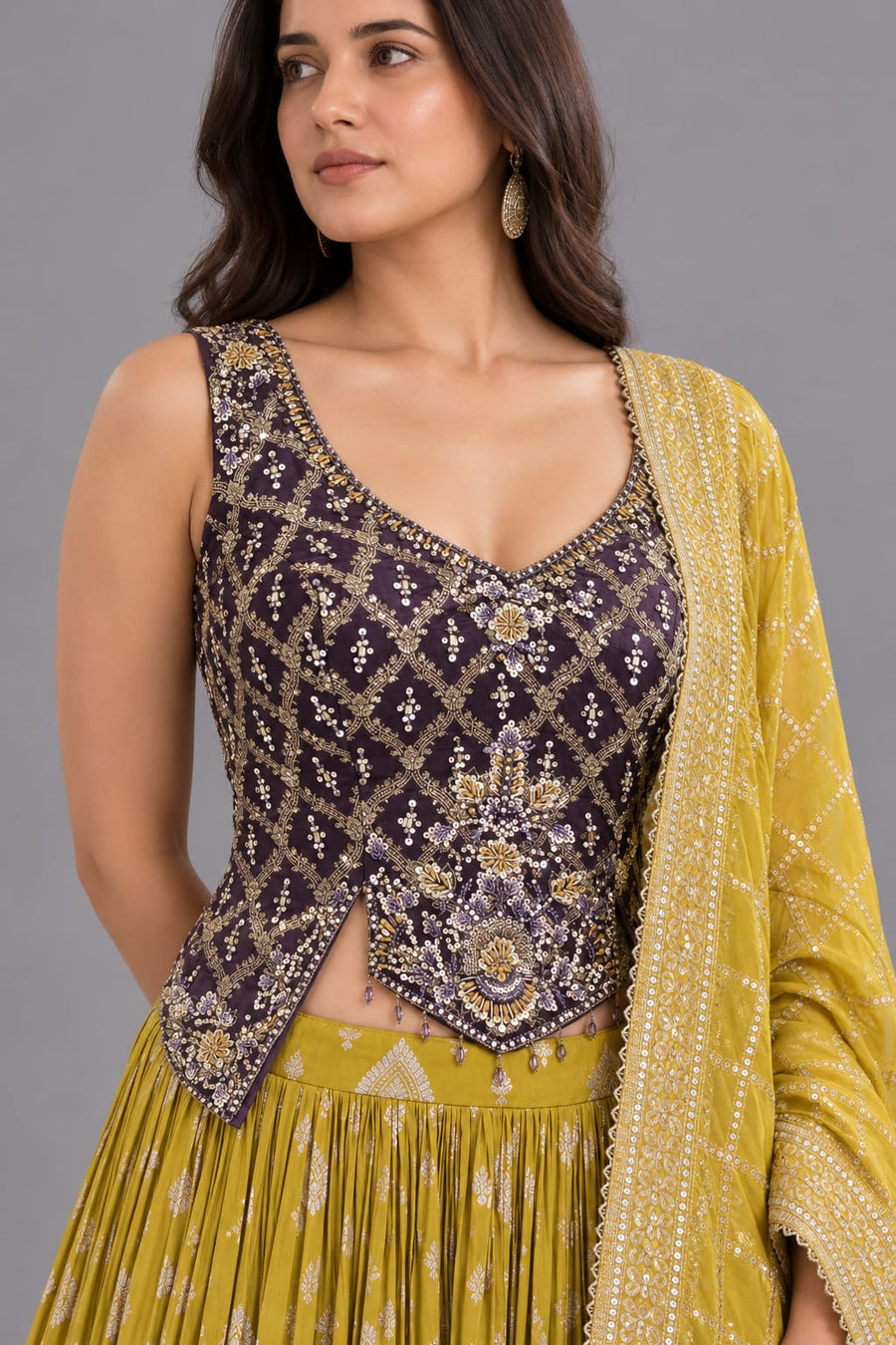 Mustard Yellow Lehenga with Purple Embroidered Blouse and Dupatta