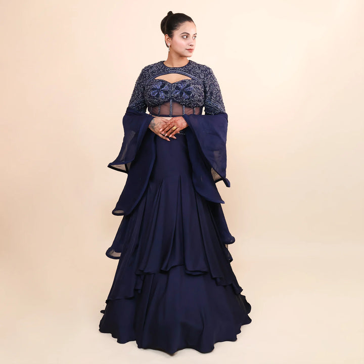 Navy Blue Crop Top with Mermaid Style Skirt