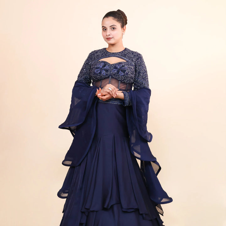 Navy Blue Crop Top with Mermaid Style Skirt Vastrachowk