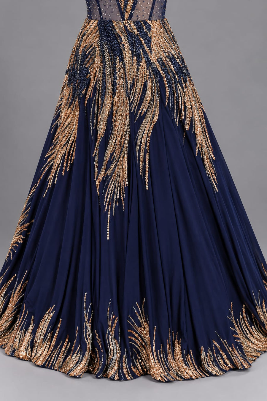 Navy Blue Designer Gown with Golden Sequin Work & Cold Shoulder