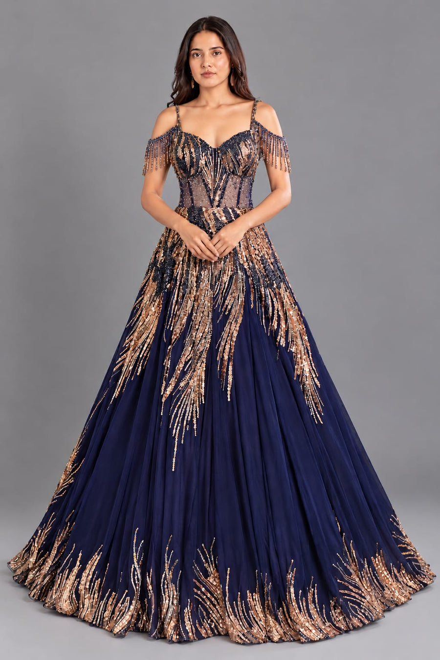 Navy Blue Designer Gown with Golden Sequin Work & Cold Shoulder