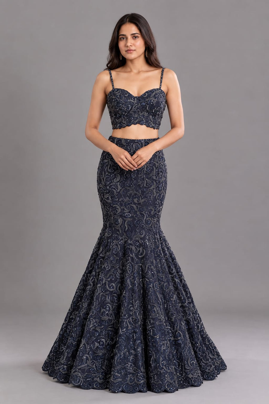 Navy Blue Embellished Fishcut Lehenga Set for Women Cocktail Party Wear