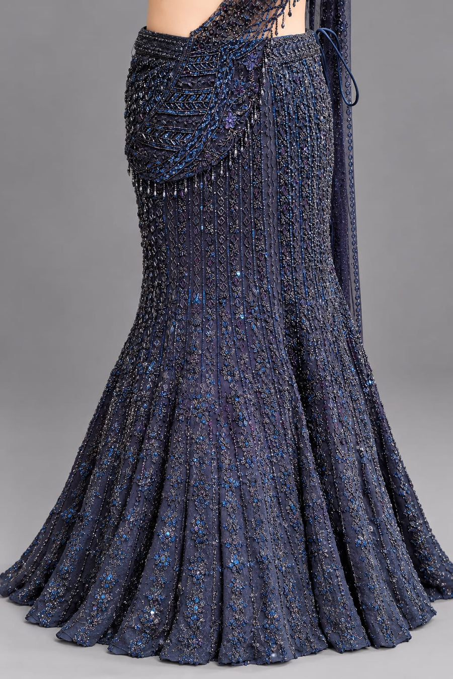 Navy Blue Fishcut Lehenga with Embellished Blouse & Drape Dupatta