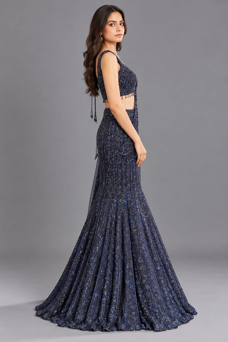 Navy Blue Fishcut Lehenga with Embellished Blouse & Drape Dupatta