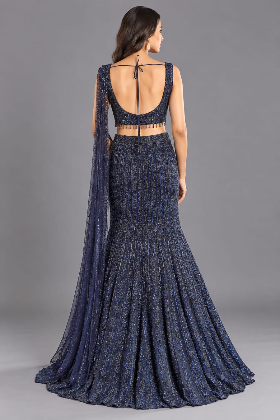 Navy Blue Fishcut Lehenga with Embellished Blouse & Drape Dupatta