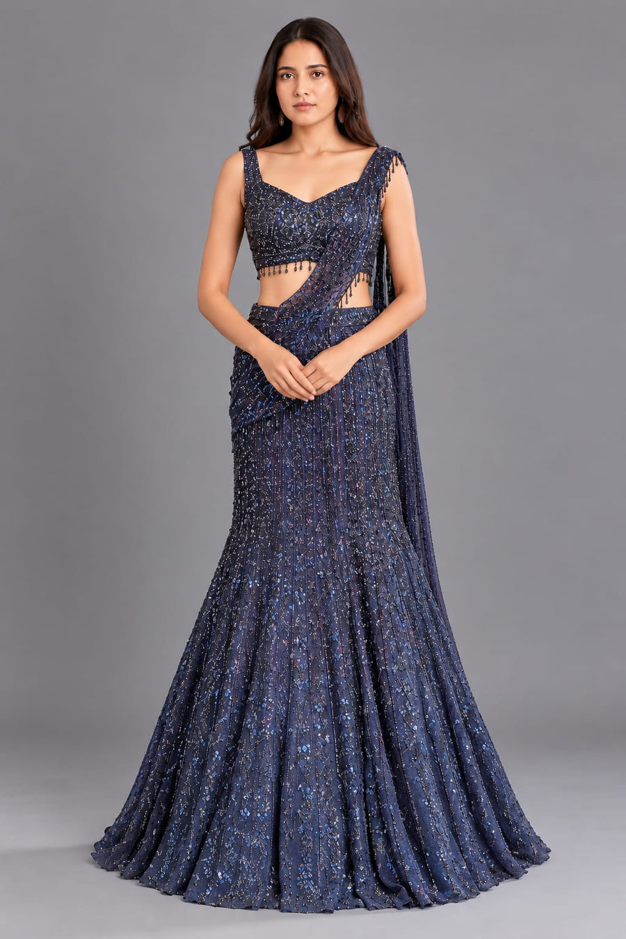 Navy Blue Fishcut Lehenga with Embellished Blouse & Drape Dupatta
