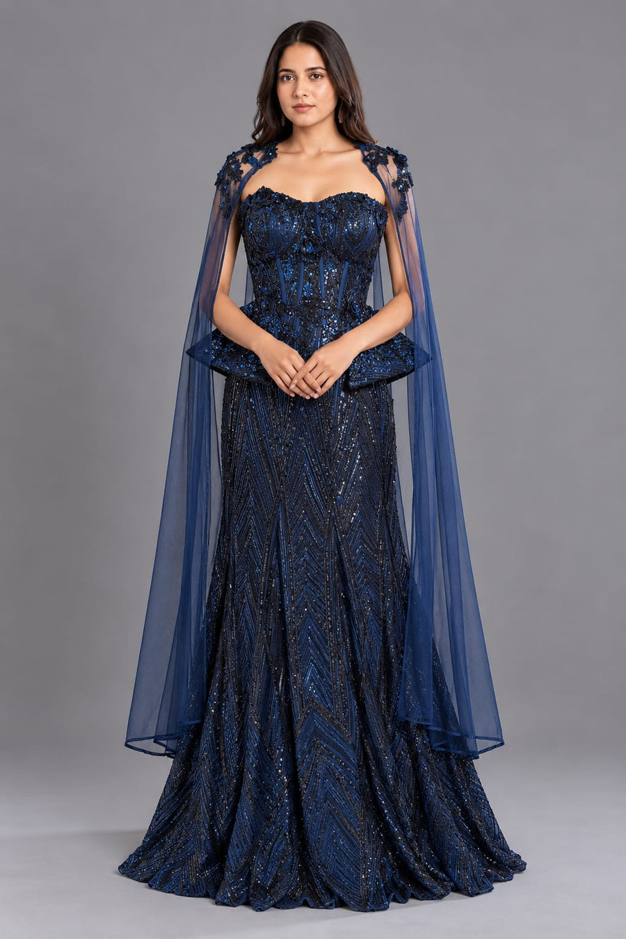 Navy Blue Sequin Cocktail Lehenga with Floral Corset & Cape