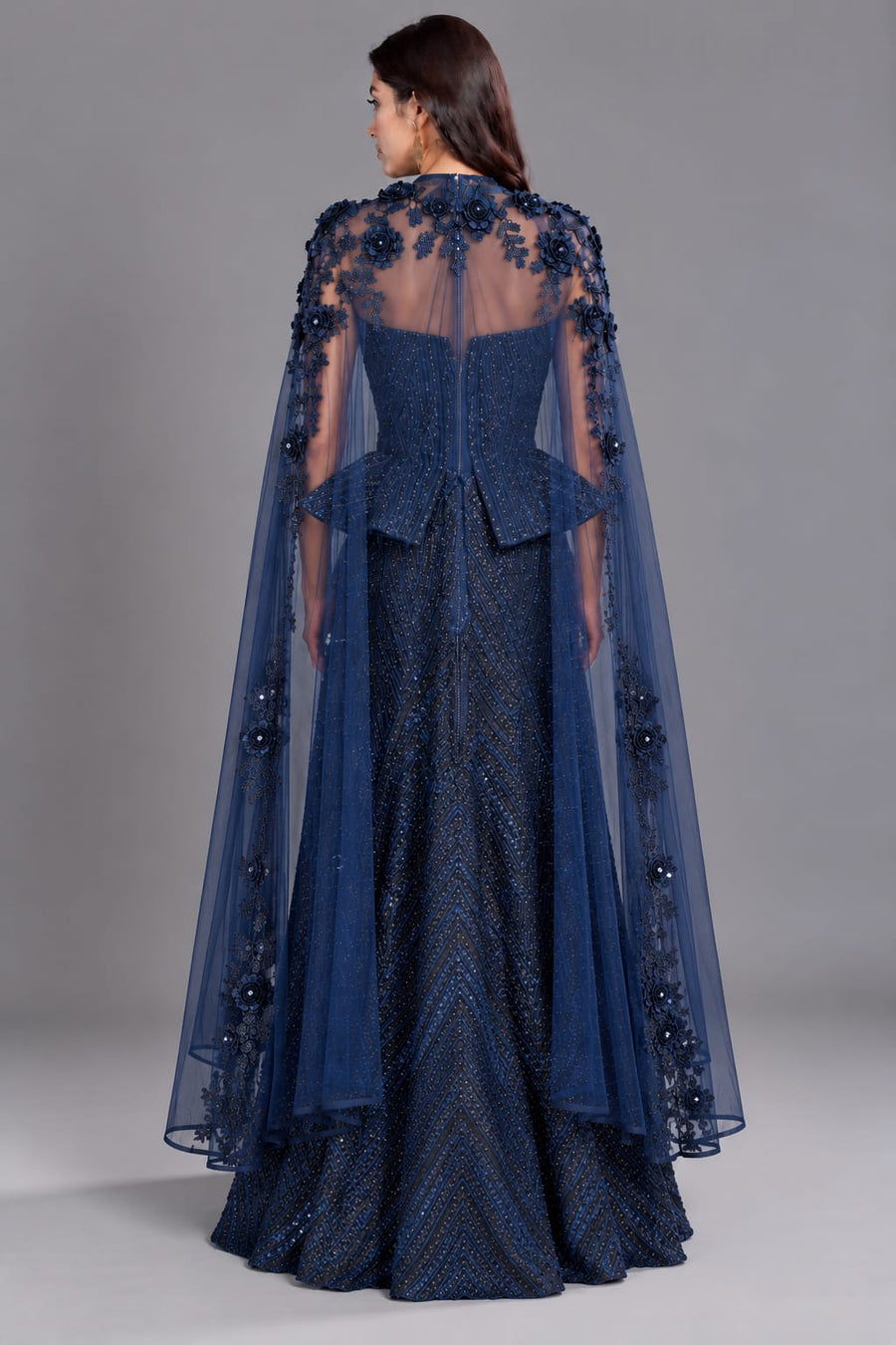 Navy Blue Sequin Cocktail Lehenga with Floral Corset & Cape