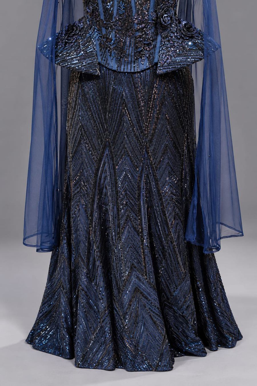 Navy Blue Sequin Cocktail Lehenga with Floral Corset & Cape