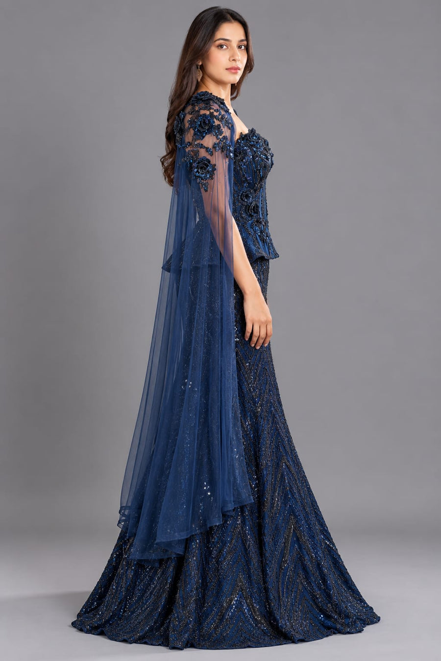 Navy Blue Sequin Cocktail Lehenga with Floral Corset & Cape