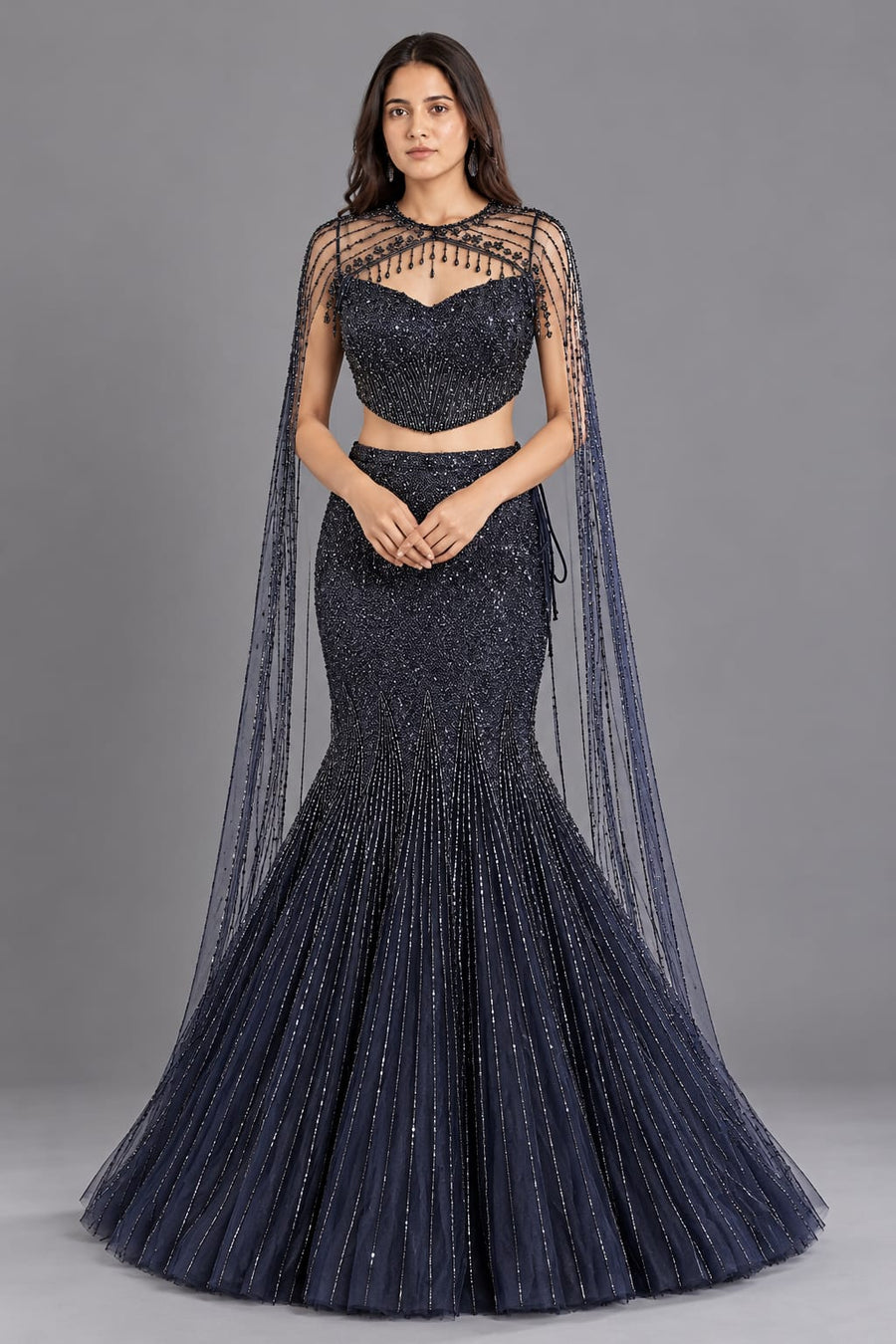 Navy Blue Sequin Fishcut Lehenga with Beaded Cape for Cocktail Parties