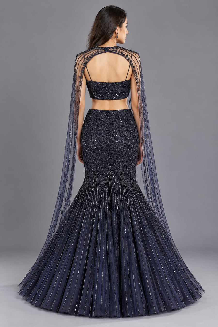 Navy Blue Sequin Fishcut Lehenga with Beaded Cape for Cocktail Parties