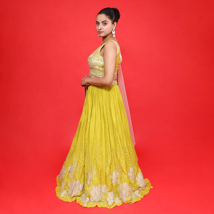 Neon Green Crop Top Skirt with dupatta- Vastrachowk