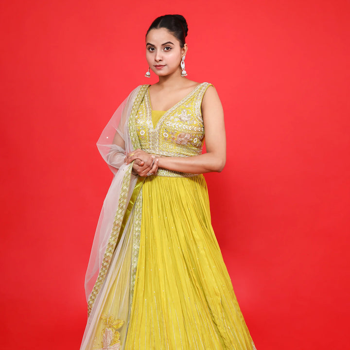 Neon Green Crop Top Skirt with dupatta- Vastrachowk