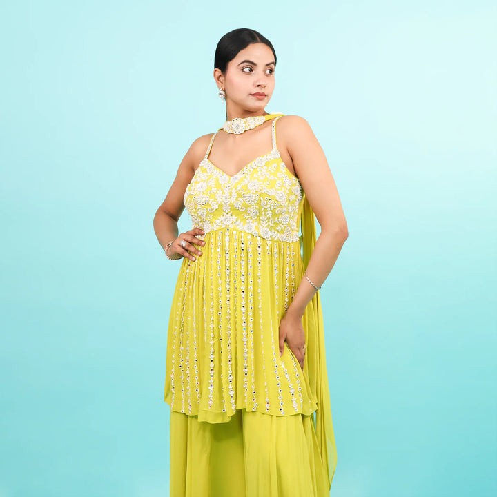 Neon Green Peplum Sharara with Choker Dupatta Vastrachowk